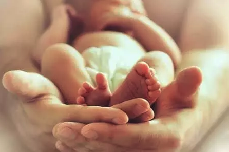 Neugeborenes Baby wird in den Händen gehalten